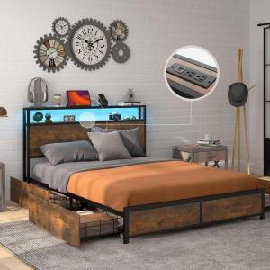 Giantex Queen Bed Frame with LED Lights Headboard and 4 Storage Drawers, Metal Platform Bed with Outlets and USB Ports Charging Station, Smart LED Bed Frame, Easy Assembly, No Box Spring Needed(Full)