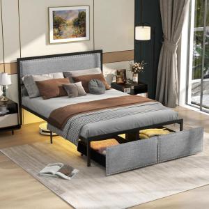 Giantex Queen Bed Frame with LED Lights and 2 Storage Drawers, Upholstered LED Platform Bed with Linen Fabric Headboard, Metal Slats Support, No Box Spring Needed, Light up Bed Frame, Grey(Full)