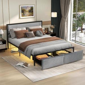 Giantex Queen Bed Frame with LED Lights and 2 Storage Drawers, Upholstered LED Platform Bed with Linen Fabric Headboard, Metal Slats Support, No Box Spring Needed, Light up Bed Frame, Grey(Queen)