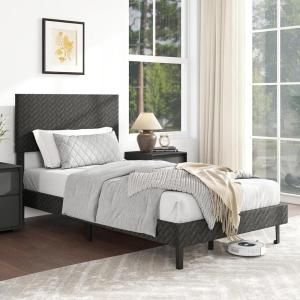 Giantex Queen Size Bed Frame, Linen Upholstered Platform Bed w/Height Adjustable Chevron Headboard, Wooden Slats Support Mattress Foundation, 6.5’’ Under-Bed Storage, No Box Spring Needed (Grey)(Grey)