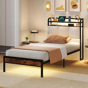 Giantex Queen Size Bed Frame with Storage Headboard, Metal Platform Bed w/LED Light & Charging Station, Linen Upholstered Headboard, Heavy Duty Slat Support, No Box Spring Needed, Noise-Free(Rustic Brown+black+grey)