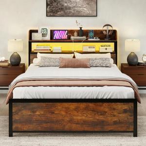 Giantex Queen Size Bed Frame with Storage Headboard, Metal Platform Bed w/LED Light & Charging Station, Linen Upholstered Headboard, Heavy Duty Slat Support, No Box Spring Needed, Noise-Free(Rustic Brown+black)