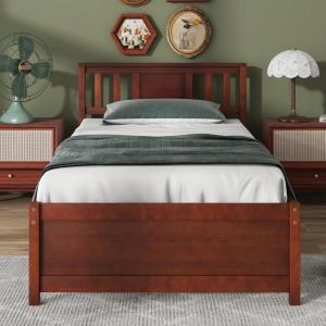 Giantex Queen Size Solid Wood Platform Bed Frame, Mid Century Queen Bed Frame with Headboard, Wooden Slat Support, Queen Panel Bed, No Box Spring Needed, Easy Assembly, White(Walnut)