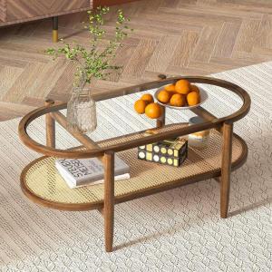 Giantex Rattan Coffee Table, 2-Tier Oval Wood Tea Table with Tempered Glass Tabletop & PE Rattan Storage Shelf, 40″ Boho Cocktail Tables, Mid Century Modern Center Table for Living Room Office, Black(Brown)