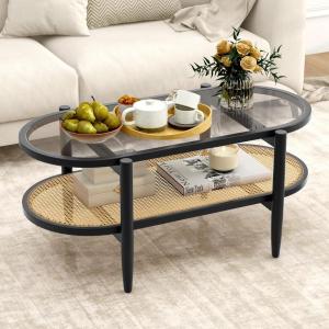 Giantex Rattan Coffee Table, 2-Tier Oval Wood Tea Table with Tempered Glass Tabletop & PE Rattan Storage Shelf, 40″ Boho Cocktail Tables, Mid Century Modern Center Table for Living Room Office, Black(Black)