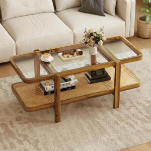 Giantex Rattan Coffee Table, 47.5″ Rectangle Solid Wood Tea Table w/Tempered Glass Tabletop, Rattan Storage Shelf, 2-Tier Boho Coffee Tables, Farmhouse Center Table for Living Room (Oak)(Oak)