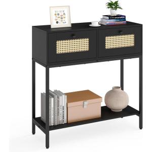 Giantex Rattan Console Table, 32″ Boho Entryway Table with 2 Drawers, Metal Frame, Narrow Long Sofa Tables with Open Storage Shelf for Living Room, Hallway, Foyer, Entrance (Natural)(Black)