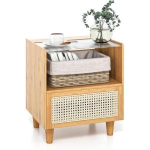 Giantex Rattan Nightstand with Drawer Set of 2, Boho Bamboo Bedside Table with Tempered Glass Top and Solid Wood Legs, 20″ End Side Table with Storage, Night Stand for Bedroom, Living Room, Natural(Natural)