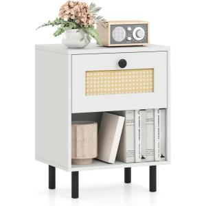 Giantex Rattan Nightstands with Drawer Set of 2, Boho Side Tables with 4 Metal Legs and Open Storage Shelf, Farmhouse Night Stands for Small Spaces, 2 Tier Bedside Tables for Bedroom Office, Oak(White)