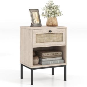Giantex Rattan Nightstands with Drawer Set of 2, Boho Side Tables with 4 Metal Legs and Open Storage Shelf, Farmhouse Night Stands for Small Spaces, 2 Tier Bedside Tables for Bedroom Office, Oak(Oak)