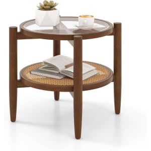 Giantex Rattan Round End Table, Walnut Boho Nightstand with Tempered Glass Top and Acacia Wood Legs, 2-Tier Side Table with Storage, Bedside Tables for Small Spaces Living Room Bedroom