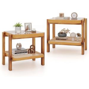 Giantex Rattan Side Table, Boho End Table for Living Room, Narrow Bedside Table with Tempered Glass Top, Wood Accent Table with Rattan Storage Shelf, 2-Tier Nightstand for Bedroom Small Spaces(2)