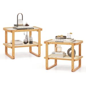 Giantex Rattan Side Table Set of 2, Boho End Table with Glass Top and 2-Tier Storage Shelves, Bedside Table for Small Spaces, Bamboo Night Stand Coffee Table for Living Room Bedroom