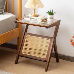 Giantex Rattan Side Table Set of 2, Boho Nightstand with Glass Top & Magazine Rack, End Table with Storage, Bamboo Bedside Table for Small Space Living Room Bedroom, Natural(Walnut)
