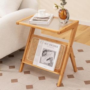 Giantex Rattan Side Table Set of 2, Boho Nightstand with Glass Top & Magazine Rack, End Table with Storage, Bamboo Bedside Table for Small Space Living Room Bedroom, Natural(Natural)