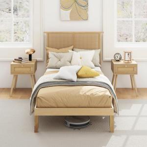 Giantex Rattan Twin Bed Frame with Headboard, Boho Solid Wood Platform Bed with Wooden Foundation & Slats, Underneath Storage Space, Twin Bed Frames for Kids Adults, No Box Spring Needed, Natural(Twin)