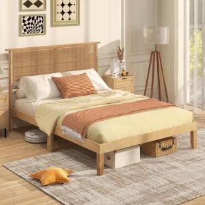 Giantex Rattan Twin Bed Frame with Headboard, Boho Solid Wood Platform Bed with Wooden Foundation & Slats, Underneath Storage Space, Twin Bed Frames for Kids Adults, No Box Spring Needed, Natural(Full)