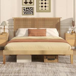 Giantex Rattan Twin Bed Frame with Headboard, Boho Solid Wood Platform Bed with Wooden Foundation & Slats, Underneath Storage Space, Twin Bed Frames for Kids Adults, No Box Spring Needed, Natural(Queen)