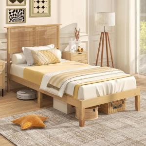 Giantex Rattan Twin Bed Frames with Rattan Headboard, Boho Solid Wood Platform Bed with Wooden Slats, 12 Inch Twin Bed Frame with Storage Underneath for Kids Adults, No Box Spring Needed, Natural