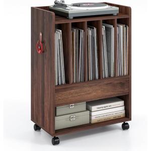Giantex Record Player Stand, Rolling Turntable Stand with Drawer, Hook & Lockable Wheels, Vinyl Record Display Shelf Holds Up to 180 Albums, for Living Room Bedroom (White)(Rustic Brown)