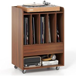 Giantex Record Player Stand, Rolling Turntable Stand with Drawer, Hook & Lockable Wheels, Vinyl Record Display Shelf Holds Up to 180 Albums, for Living Room Bedroom (White)(Walnut)