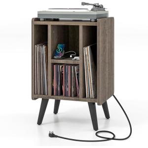 Giantex Record Player Stand, Turntable Stand with Charging Station, Mid-Century Modern Nightstand with 4 Storage Compartments, Vinyl Record Cabinet for Living Room Bedroom (Grey Oak)(Grey Oak)
