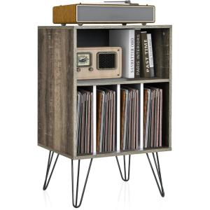 Giantex Record Player Stand, White Turntable Stand Holds up to 150 Albums, Mid-Century Vinyl Storage Cabinet Table with Metal Legs, Record Player Holder End Table for Bedroom Living Room(Grey)