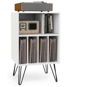 Giantex Record Player Stand, White Turntable Stand Holds up to 150 Albums, Mid-Century Vinyl Storage Cabinet Table with Metal Legs, Record Player Holder End Table for Bedroom Living Room(White)