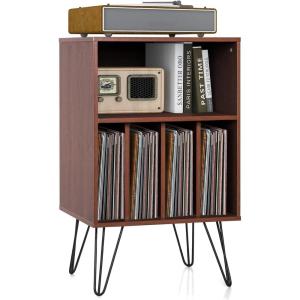 Giantex Record Player Stand, White Turntable Stand Holds up to 150 Albums, Mid-Century Vinyl Storage Cabinet Table with Metal Legs, Record Player Holder End Table for Bedroom Living Room(Brown)