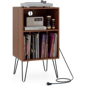 Giantex Record Player Stand with Charging Station, Turntable Cabinet with Metal Legs, Vinyl Record Storage Cabinet Holds Up to 150 Albums for Living Room, Bedroom (Black)(Walnut)
