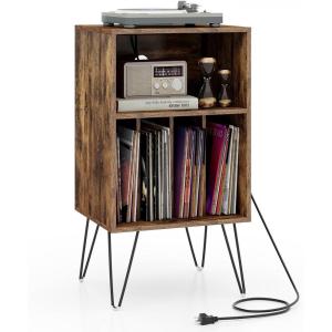Giantex Record Player Stand with Charging Station, Turntable Cabinet with Metal Legs, Vinyl Record Storage Cabinet Holds Up to 150 Albums for Living Room, Bedroom (Black)(Rustic Brown)