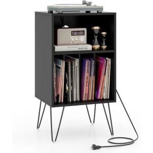 Giantex Record Player Stand with Charging Station, Turntable Cabinet with Metal Legs, Vinyl Record Storage Cabinet Holds Up to 150 Albums for Living Room, Bedroom (Black)(Black)