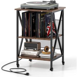 Giantex Record Player Stand with Charging Station, Turntable Stand with Record Storage & 4 Rolling Wheels, Vinyl Record Storage Table up to 250 Albums for Living Room, Bedroom (Grey Oak)(Dark Brown)