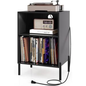 Giantex Record Player Stand with Charging Station, Turntable Stand with Storage Cabinet, Record Player Shelf with Metal Legs, Vinyl Record Storage up to 150 Albums for Living Room (Oak)(Black)