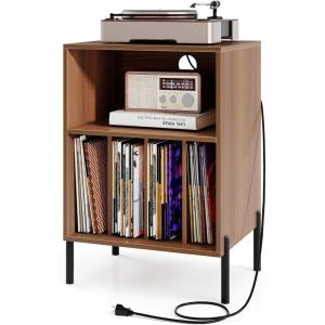 Giantex Record Player Stand with Charging Station, Turntable Stand with Storage Cabinet, Record Player Shelf with Metal Legs, Vinyl Record Storage up to 150 Albums for Living Room (Oak)(Walnut)