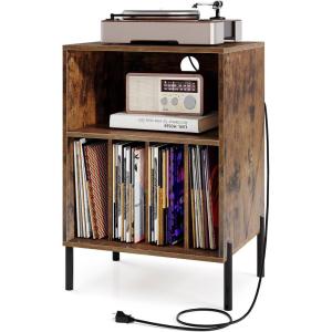 Giantex Record Player Stand with Charging Station, Turntable Stand with Storage Cabinet, Record Player Shelf with Metal Legs, Vinyl Record Storage up to 150 Albums for Living Room (Oak)(Rustic Brown)