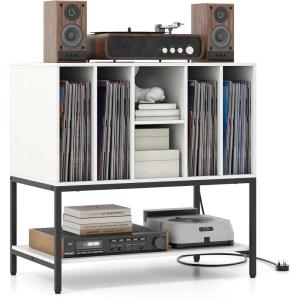 Giantex Record Player Stand with Charging Station, Turntable Stand with Storage Shelves Hold Up to 150+ Albums, Record Player Table with Metal Frame, Vinyl Record Storage for Music Living Room, White(White)