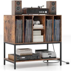 Giantex Record Player Stand with Charging Station, Turntable Stand with Storage Shelves Hold Up to 150+ Albums, Record Player Table with Metal Frame, Vinyl Record Storage for Music Living Room, White(Brown)