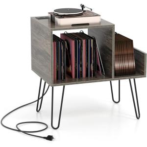 Giantex Record Player Stand with Charging Station, Turntable Stand with Vinyl Divider & Display Shelf, Mid-century Modern End Table Holds Up to 150 Albums, Vinyl Record Storage Cabinet for Living Room(Grey)