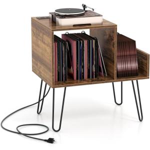 Giantex Record Player Stand with Charging Station, Turntable Stand with Vinyl Divider & Display Shelf, Mid-century Modern End Table Holds Up to 150 Albums, Vinyl Record Storage Cabinet for Living Room(Rustic Brown)