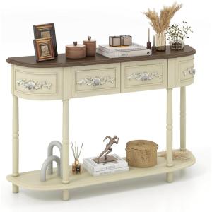 Giantex Retro Console Table with Drawers, 52″ Long Narrow Sofa Table w/Open Shelf, Half-Moon Entryway Table with Storage, Solid Wood Legs, Vintage Entry Table for Living Room Hallway, Beige