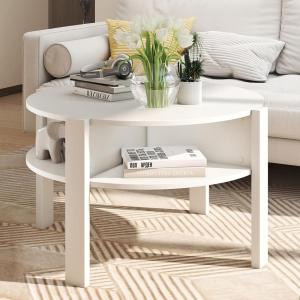 Giantex Round Coffee Table, 2-Tier Mid Century Modern Tea Cocktail Table with Storage Shelves & 4 Side Compartments, Wood Center Table for Living Room, Small Spaces (White)(White)