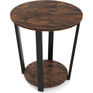 Giantex Round End Table, 2-Tier Side Sofa Table with Open Storage Shelf and Metal Frame, Industrial Nightstand Bedside Table for Living Room, Bedroom, Small Space, Accent Furniture, Walnut(Rustic Brown)