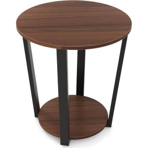 Giantex Round End Table, 2-Tier Side Sofa Table with Open Storage Shelf and Metal Frame, Industrial Nightstand Bedside Table for Living Room, Bedroom, Small Space, Accent Furniture, Walnut(Walnut)