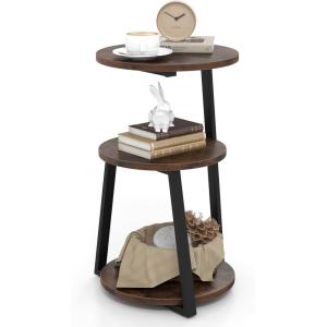 Giantex Round End Table, Industrial Side Table with Sturdy Metal Frame, Coffee Table, 3-Tier Bedside Table for Bedroom, Living Room, Couch, Accent Table for Small Spaces, Rustic Brown (1)(1)