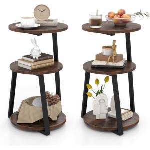 Giantex Round End Table, Industrial Side Table with Sturdy Metal Frame, Coffee Table, 3-Tier Bedside Table for Bedroom, Living Room, Couch, Accent Table for Small Spaces, Rustic Brown (1)(2)