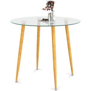 Giantex Round Glass Dining Table, 35.5″ D x 30″ H Kitchen Dinner Table w/Tempered Glass Tabletop & Metal Legs, Circle Leisure Coffee Table for Dining Room & Living Room, Clear & Natural, 2 Pack