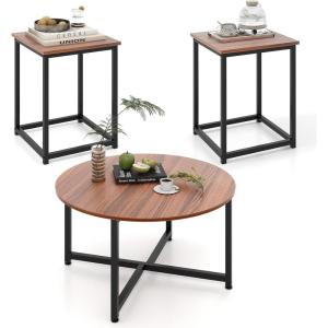 Giantex Round Nesting Table Set of 3, Farmhouse Coffee Table w/2 End Tables, Sturdy Metal Frame, 3-Piece Wooden Living Room Table Set for Home Office, Apartment (Black Oak)(Walnut & Black)