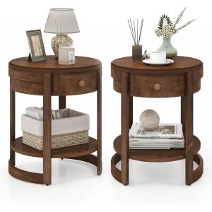 Giantex Round Side Tables Set of 2, 2-Tier Retro End Tables with Drawer & Shelf, Wooden Accent Tables with Antique Wood Grain Finish, Vintage Nightstands for Living Room Bedroom, Walnut(2)