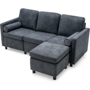 Giantex Sectional Sofa Set, Convertible L-Shaped Couch with Ottoman, 2 Bolsters, Comfy Fabric Modular Sleeper Bed for Living Room Reception Room Home Office Apartment, 73”x 31.5”x 34” (Grey)